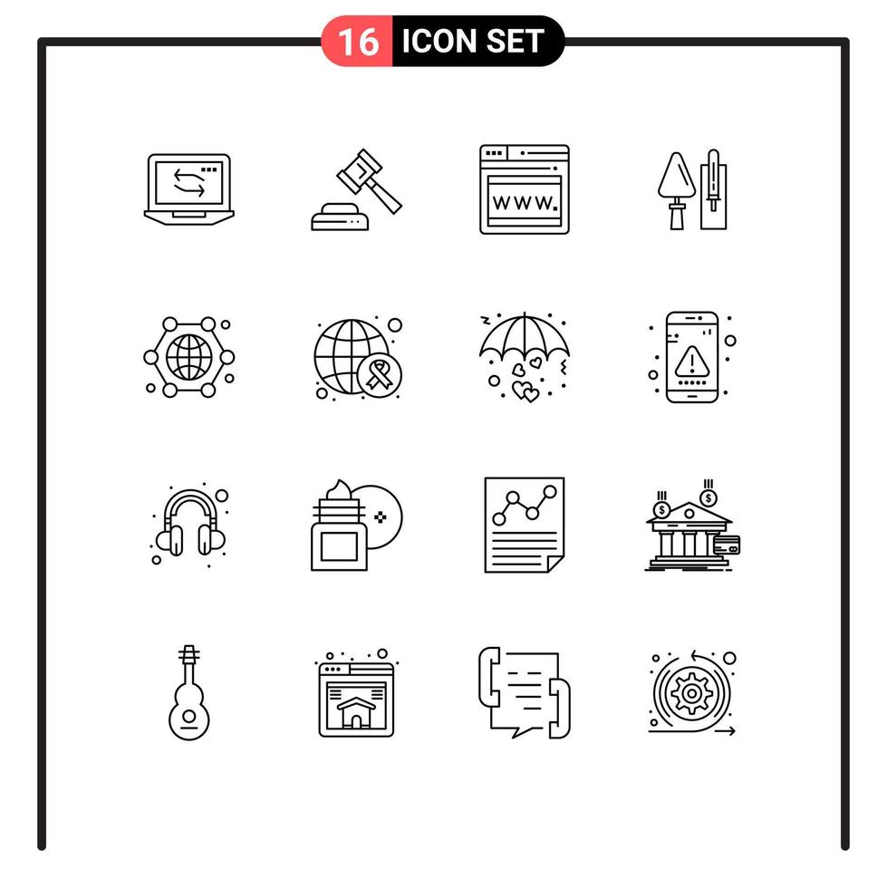 Pictogram Set of 16 Simple Outlines of globe communication web tool construction Editable Vector Design Elements