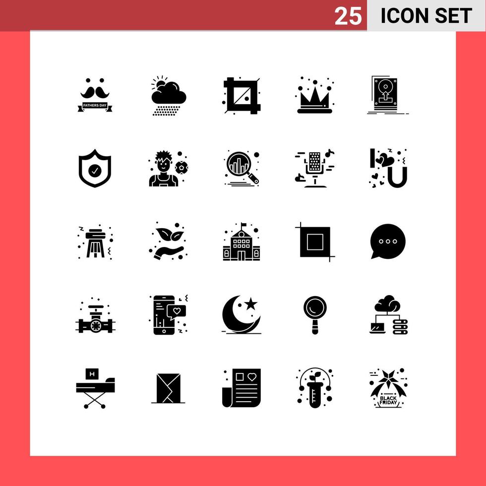 Pictogram Set of 25 Simple Solid Glyphs of hdd install crop king crown Editable Vector Design Elements