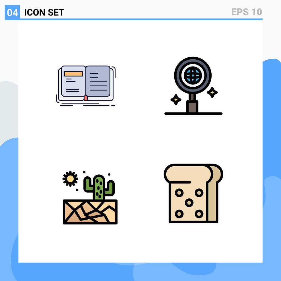 paquete de 4 colores planos creativos de línea de llenado de elementos de diseño de vector editable de pan de investigación de historia solar de autor