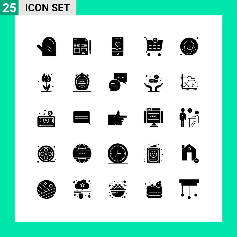 25 Universal Solid Glyphs Set for Web and Mobile Applications plant tree analysis shopping cart checkout Editable Vector Design Elements