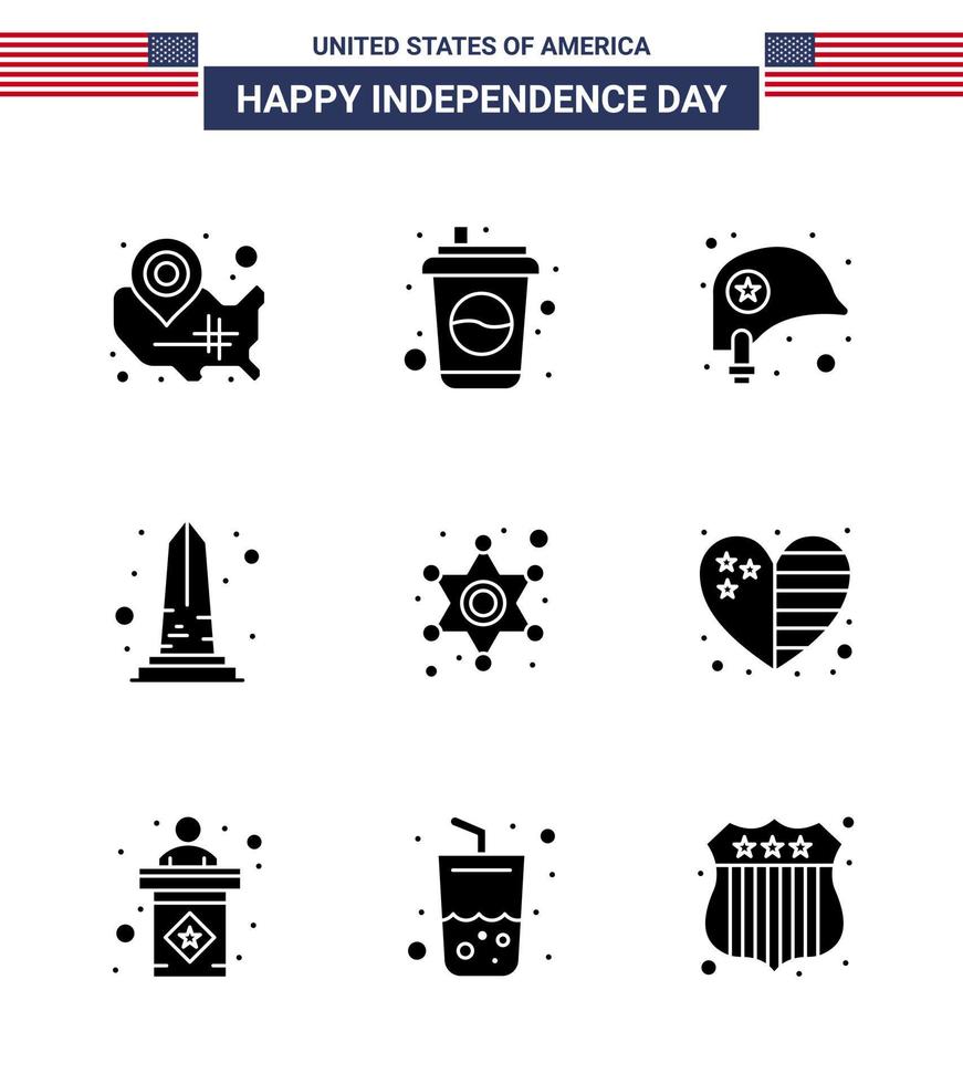 9 iconos creativos de estados unidos signos de independencia modernos y símbolos del 4 de julio de washington vista soda monumento estrella elementos de diseño de vector de día de estados unidos editables