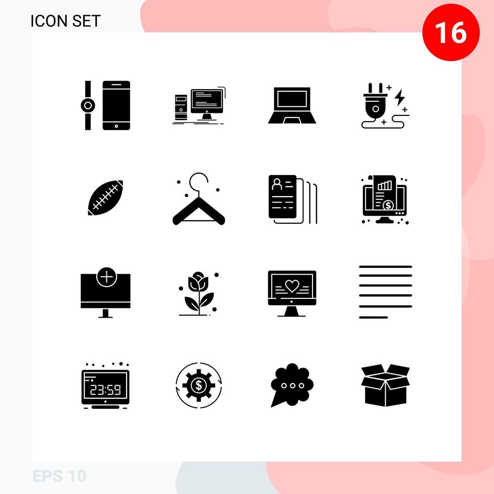 16 Universal Solid Glyphs Set for Web and Mobile Applications afl power computers plug laptop Editable Vector Design Elements