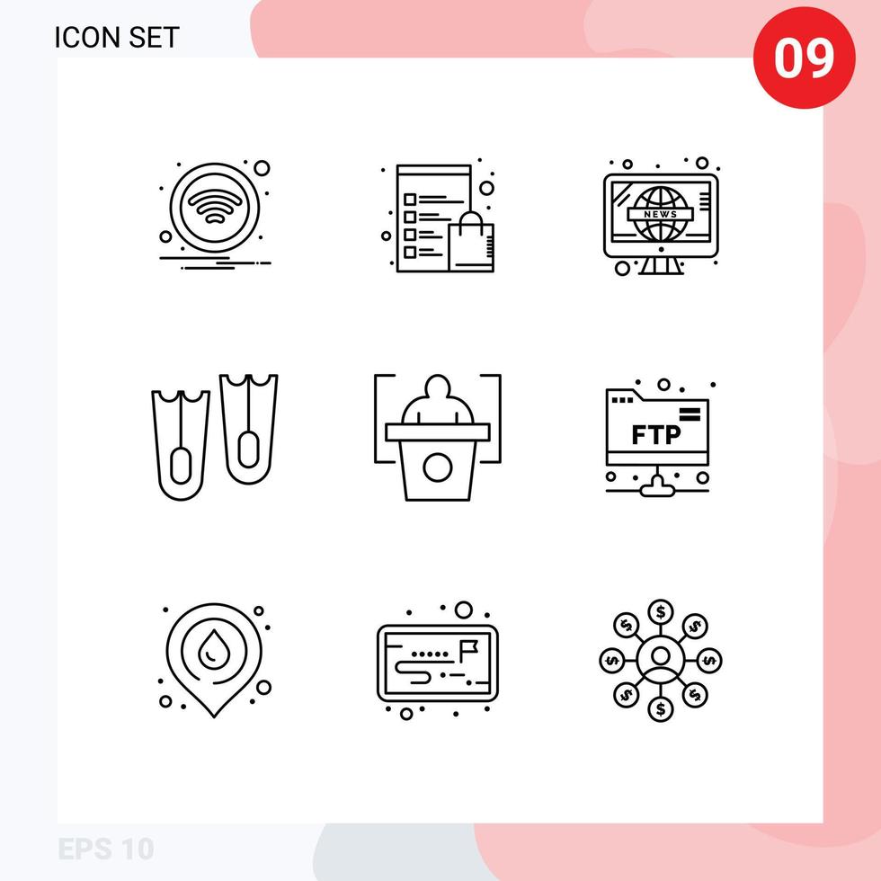 Pack of 9 Modern Outlines Signs and Symbols for Web Print Media such as speech education news marine diving Editable Vector Design Elements