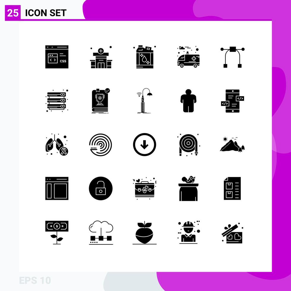 Solid Glyph Pack of 25 Universal Symbols of tool design bottle hospital ambulance Editable Vector Design Elements