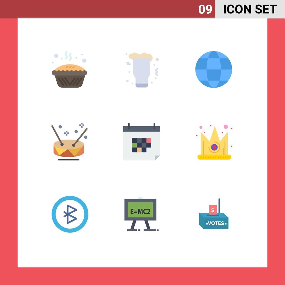 9 Thematic Vector Flat Colors and Editable Symbols of party instruments wine drum geography Editable Vector Design Elements