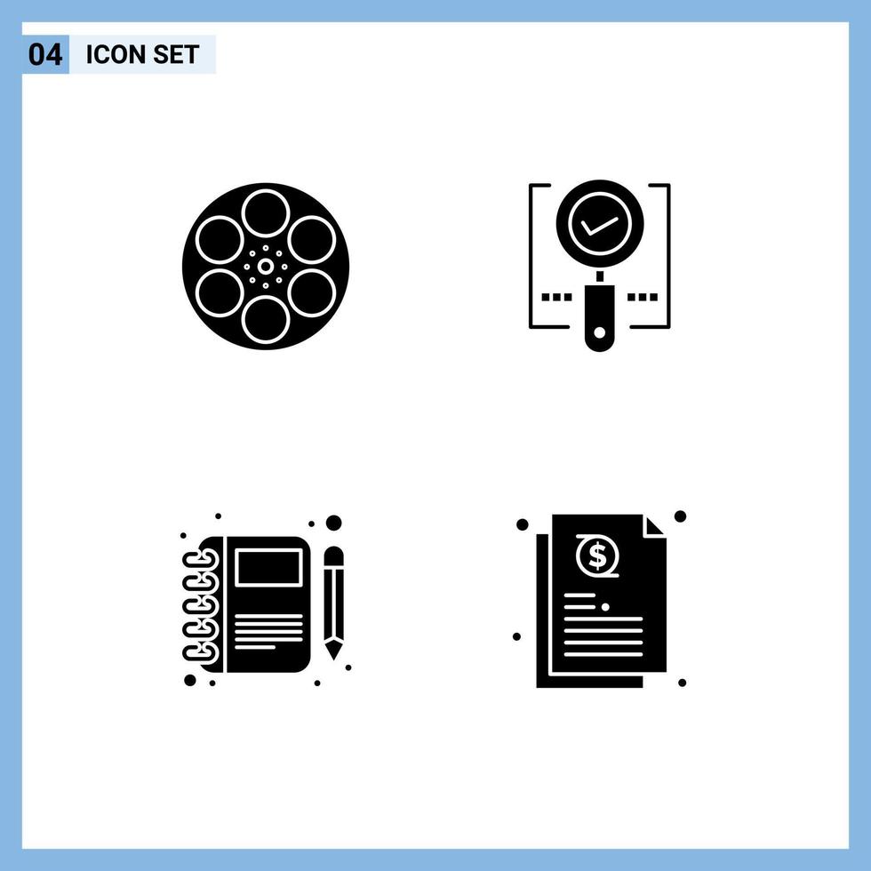 paquete de interfaz de usuario de 4 glifos sólidos básicos del tanque de búsqueda de película encontrar elementos de diseño vectorial editables de piel de topo vector