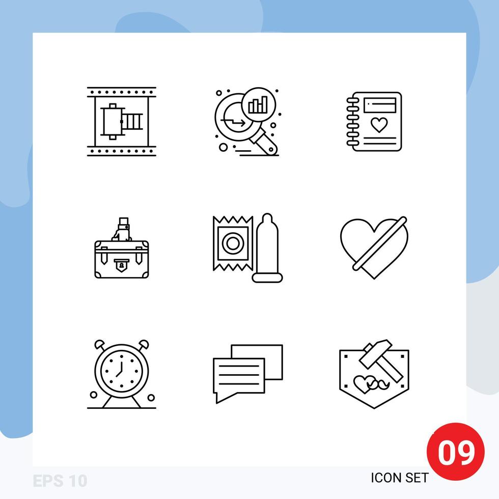 Set of 9 Vector Outlines on Grid for documents business search stats briefcase wedding Editable Vector Design Elements