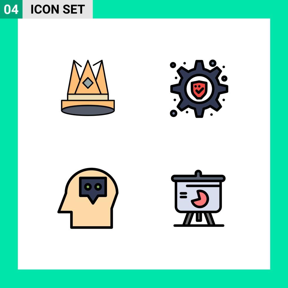 4 User Interface Filledline Flat Color Pack of modern Signs and Symbols of crown head first lock thought Editable Vector Design Elements