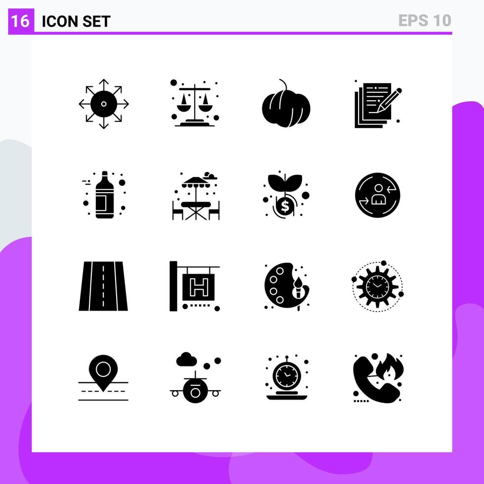 Set of 16 Modern UI Icons Symbols Signs for table bottle food alcohol arts Editable Vector Design Elements