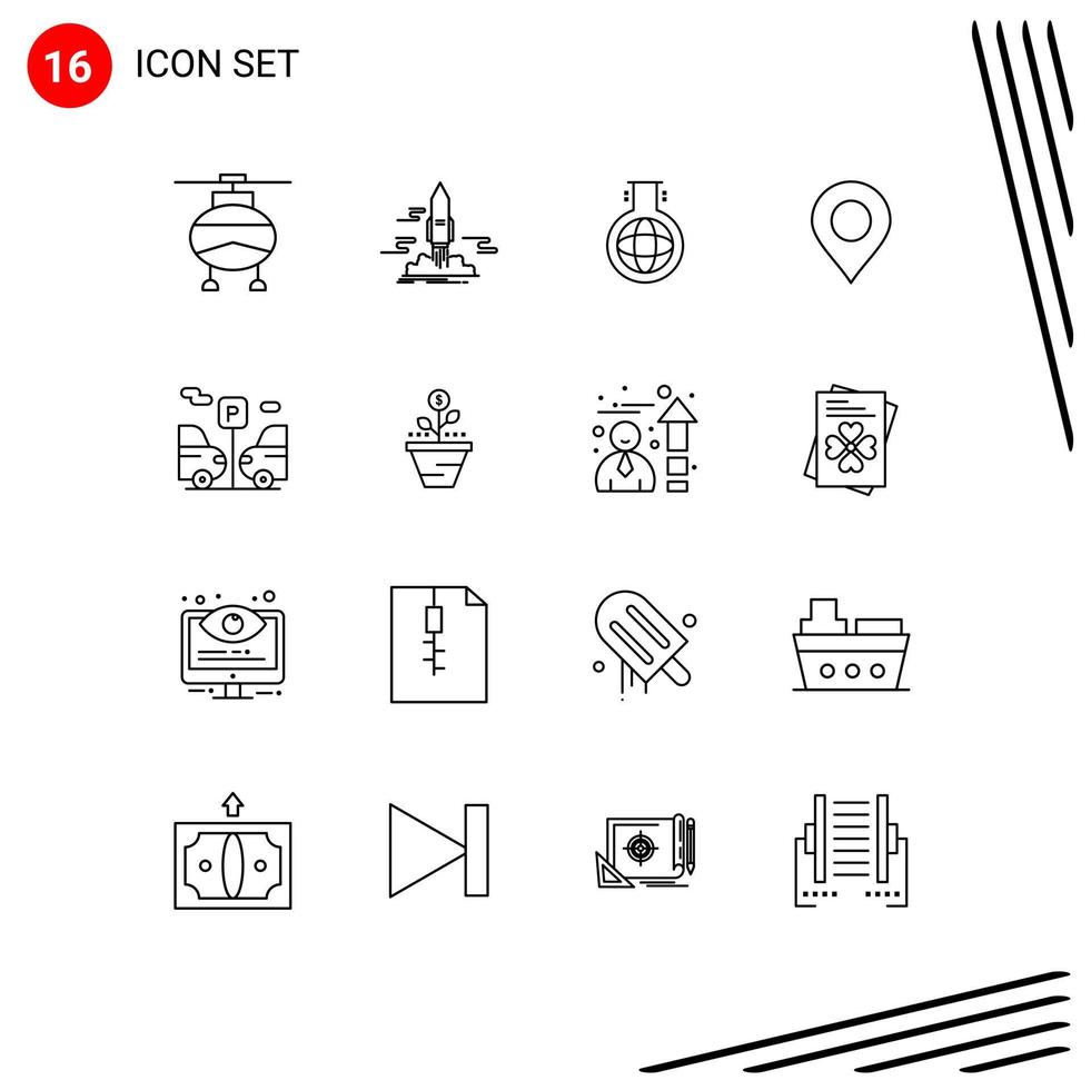 16 Universal Outlines Set for Web and Mobile Applications car pin space location experiment Editable Vector Design Elements
