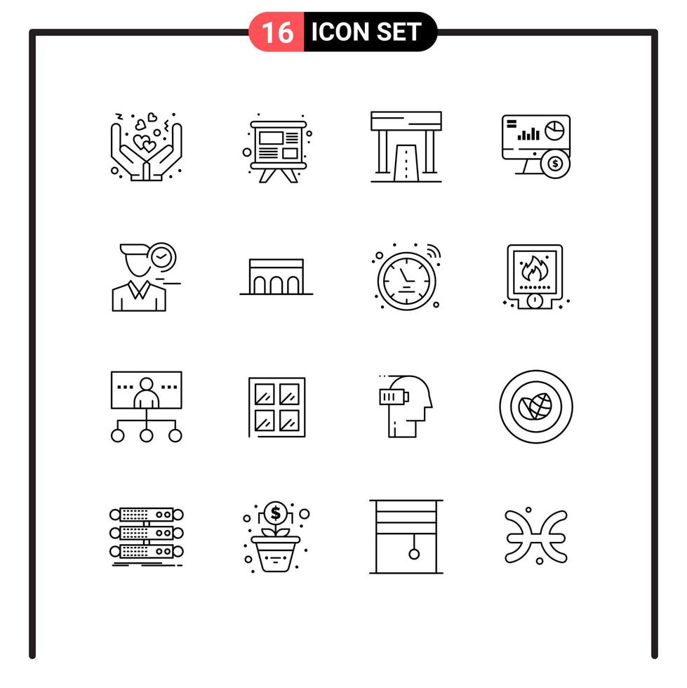 Modern Set of 16 Outlines Pictograph of time graph activities online recreation Editable Vector Design Elements