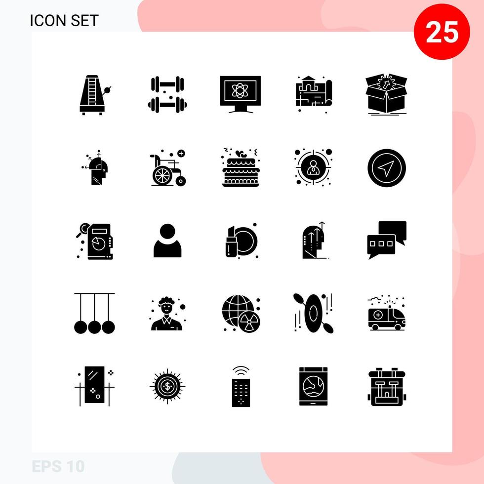 Group of 25 Solid Glyphs Signs and Symbols for upload map medical location space Editable Vector Design Elements