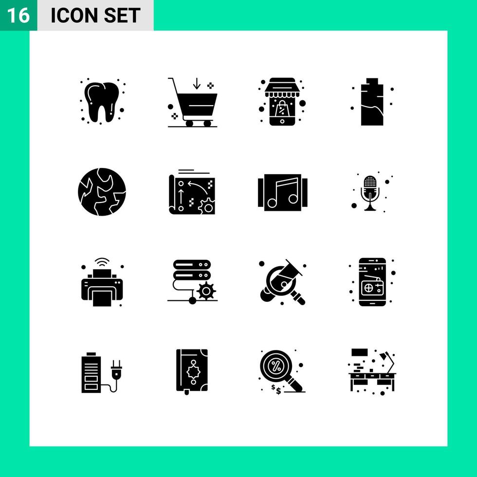 Set of 16 Vector Solid Glyphs on Grid for planet power online energy charge Editable Vector Design Elements