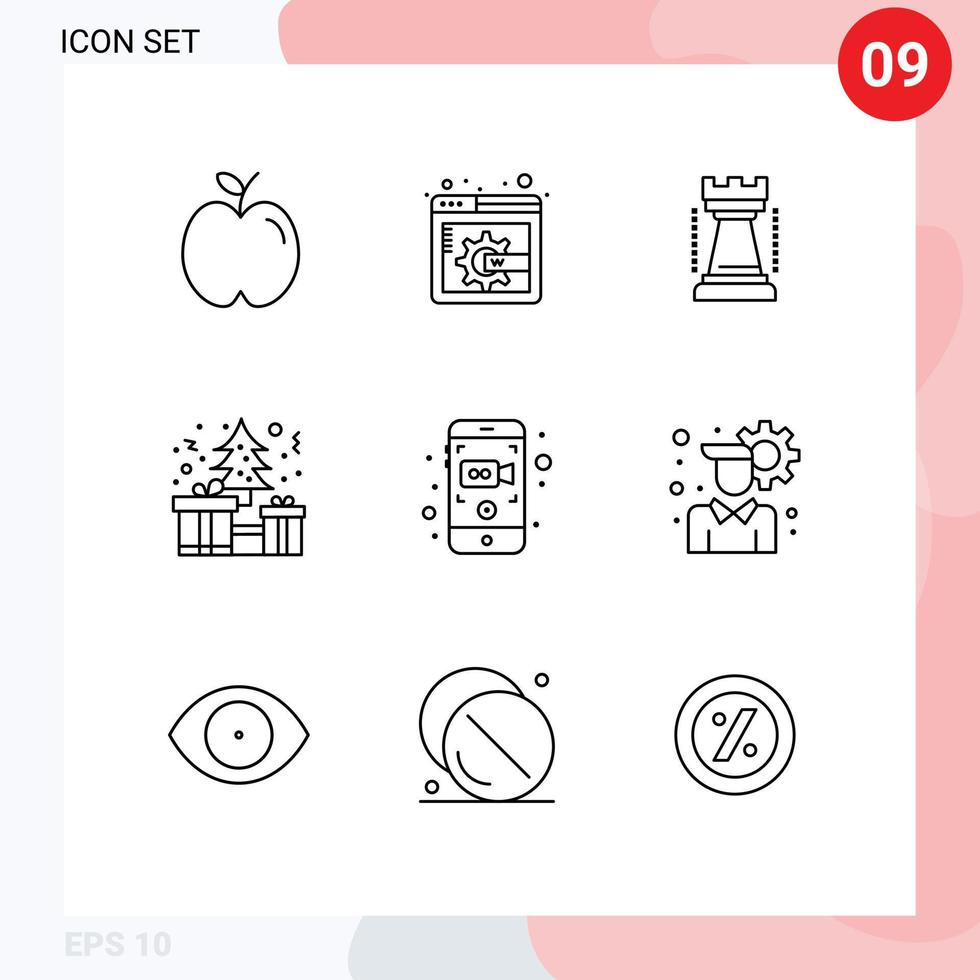 User Interface Pack of 9 Basic Outlines of mobile recording mobile king camera christmas Editable Vector Design Elements