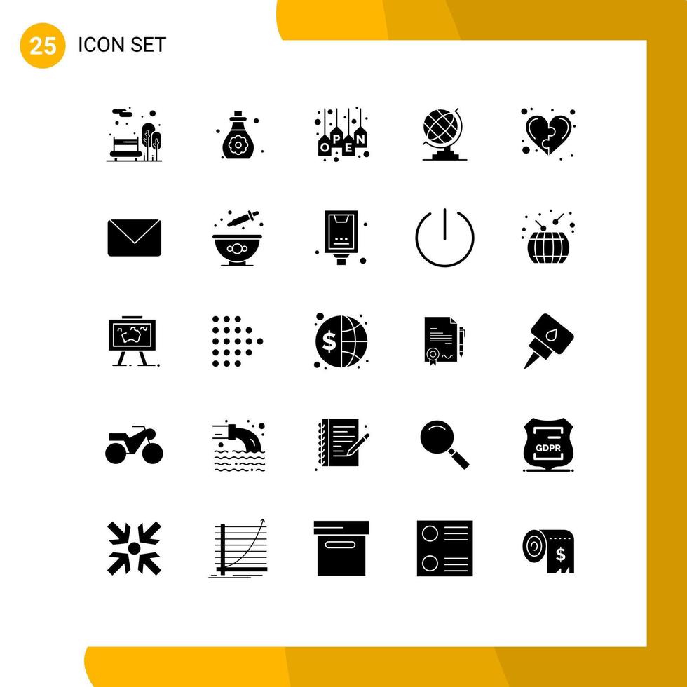 paquete de glifos sólidos de 25 símbolos universales del mundo del juego tienda de geografía abierta elementos de diseño vectorial editables vector