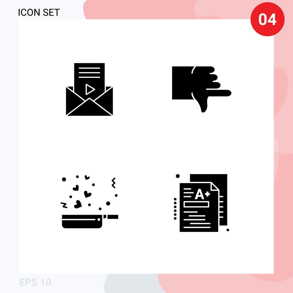 Solid Glyph Pack of 4 Universal Symbols of mail food video player thumbs romance Editable Vector Design Elements