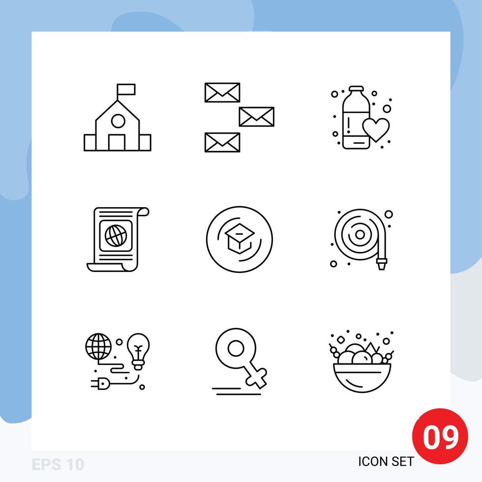 9 User Interface Outline Pack of modern Signs and Symbols of world objectives envelope goal water Editable Vector Design Elements