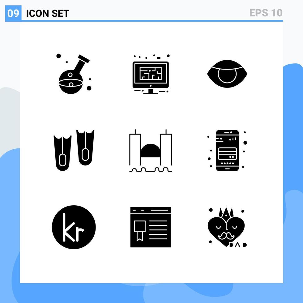 Editable Vector Line Pack of 9 Simple Solid Glyphs of bridge flippers floor diving human Editable Vector Design Elements