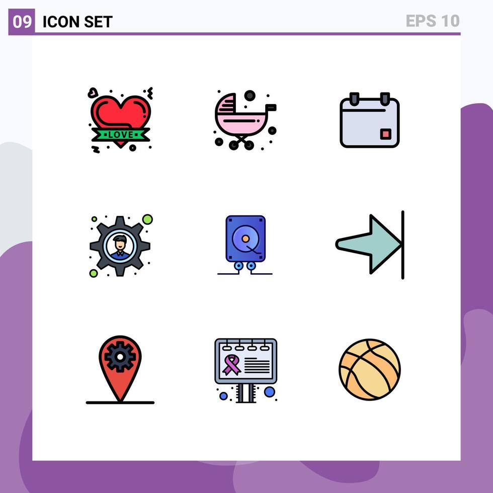 Group of 9 Filledline Flat Colors Signs and Symbols for audio business solution trolley gear date Editable Vector Design Elements