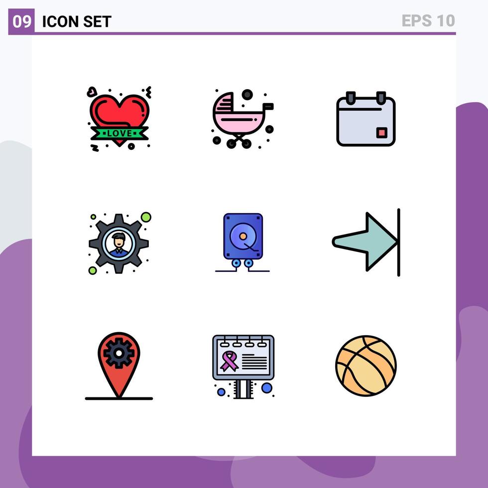 grupo de 9 signos y símbolos de colores planos de línea rellena para elementos de diseño vectorial editables de fecha de engranaje de carro de solución de negocio de audio vector