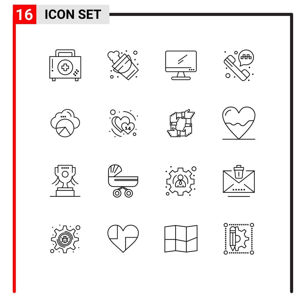 Modern Set of 16 Outlines and symbols such as reporting taxi call tool phone call imac Editable Vector Design Elements