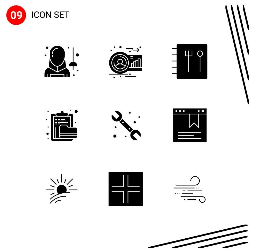 Pack of 9 Modern Solid Glyphs Signs and Symbols for Web Print Media such as mechanical file human document archive Editable Vector Design Elements