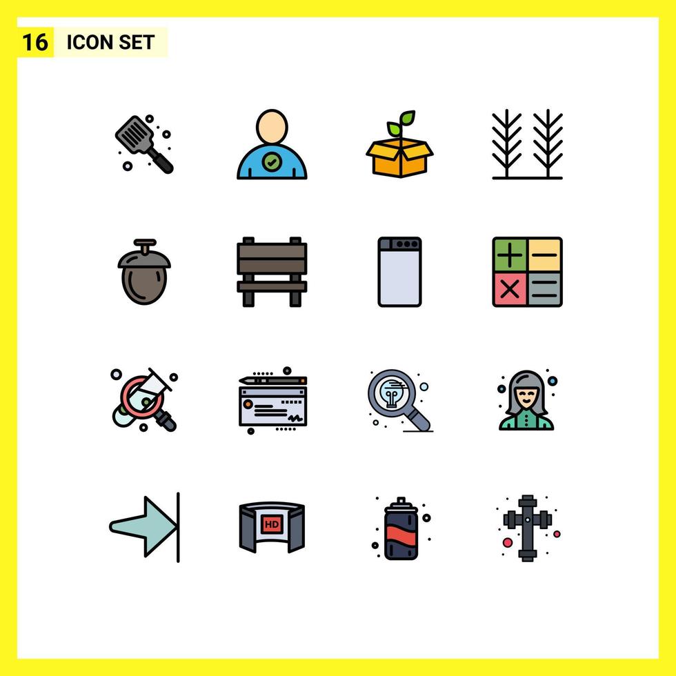 Set of 16 Vector Flat Color Filled Lines on Grid for nuts wheat eco food power Editable Creative Vector Design Elements