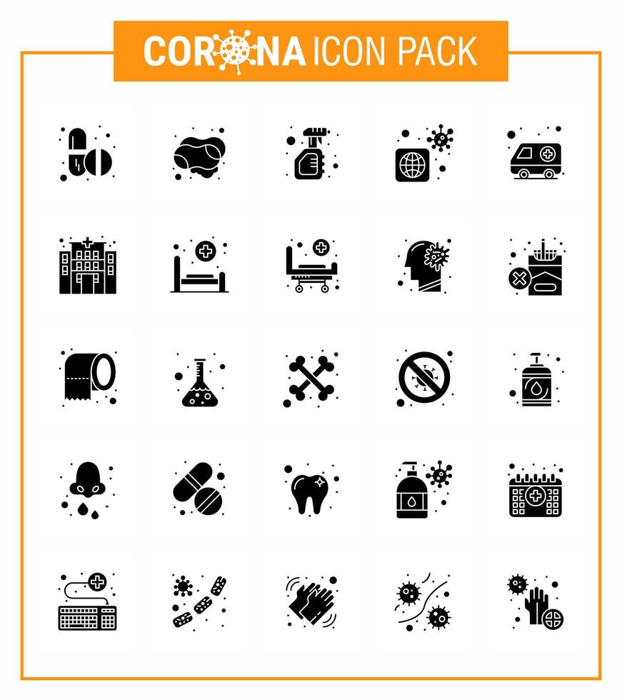 25 Solid Glyph Set of corona virus epidemic icons such as ambulance virus cleaning bacteria virus viral coronavirus 2019nov disease Vector Design Elements
