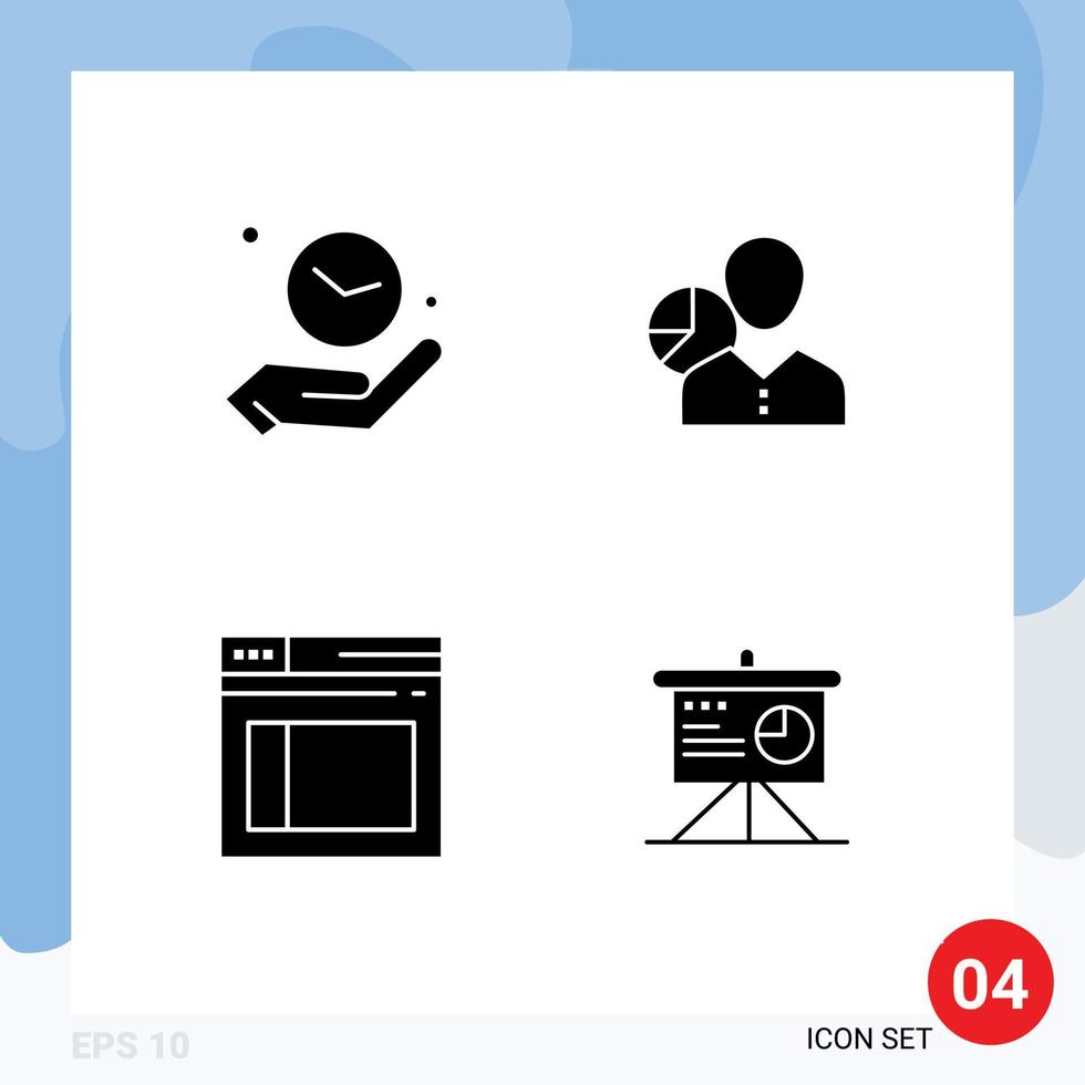 Universal Icon Symbols Group of 4 Modern Solid Glyphs of clock person time data page Editable Vector Design Elements