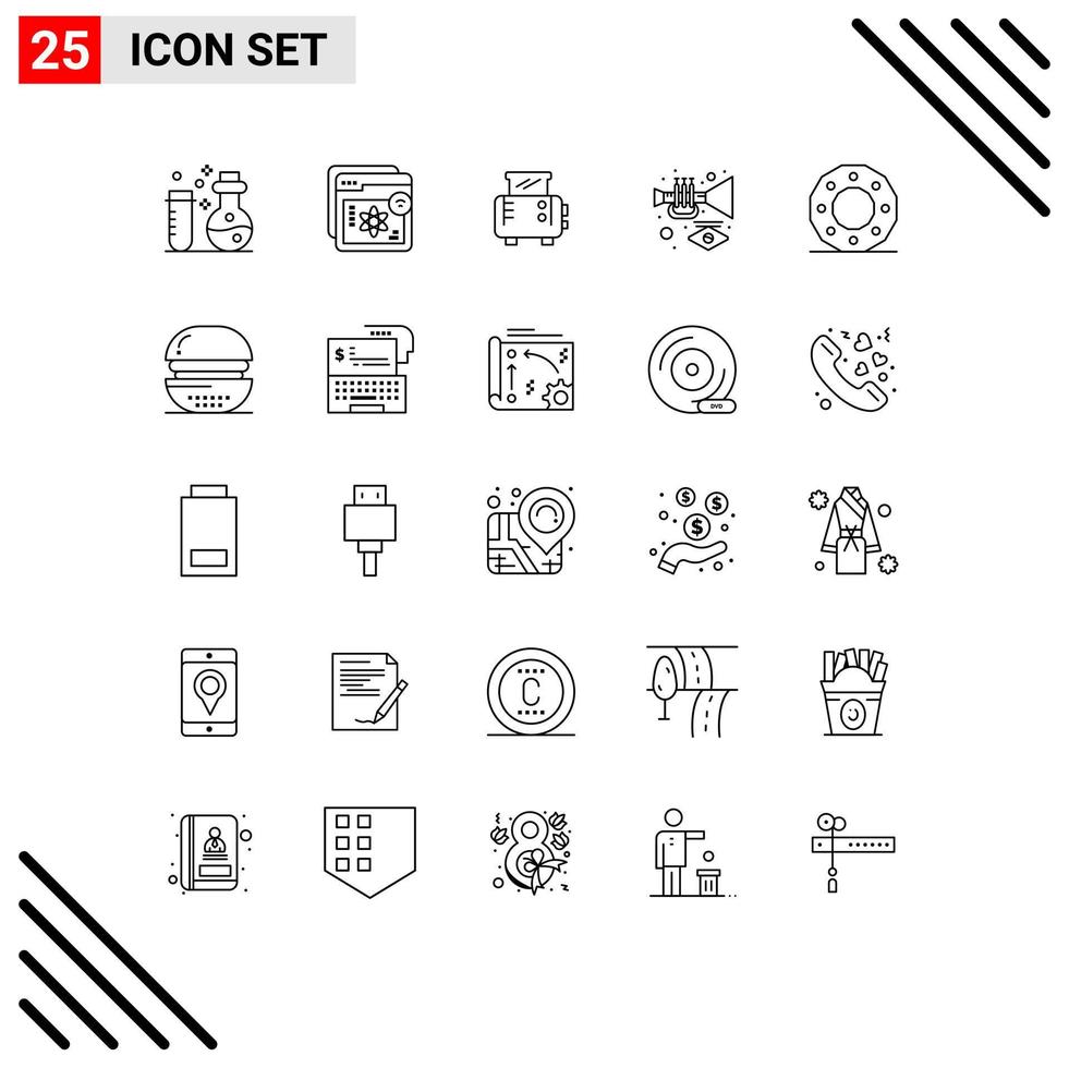 25 Universal Lines Set for Web and Mobile Applications celebration carnival education music toaster Editable Vector Design Elements