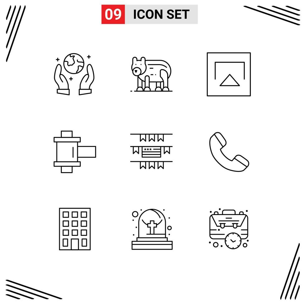 Pictogram Set of 9 Simple Outlines of phone american airplay party decoration reel Editable Vector Design Elements