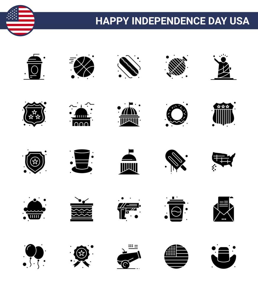 Happy Independence Day USA Pack of 25 Creative Solid Glyph of liberty party american grill barbecue Editable USA Day Vector Design Elements