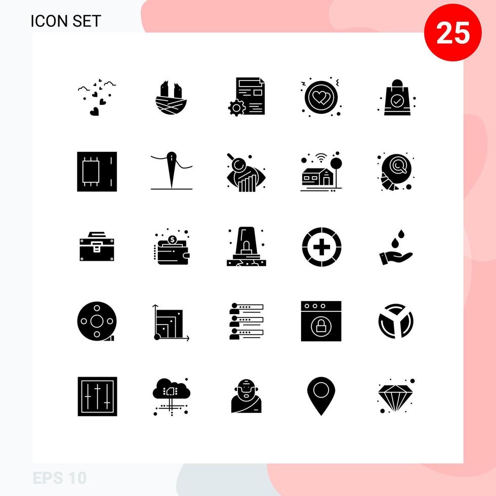 Modern Set of 25 Solid Glyphs Pictograph of bag love document heart edit Editable Vector Design Elements