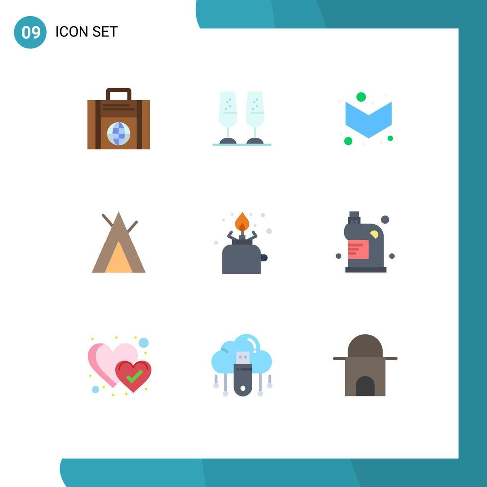 Mobile Interface Flat Color Set of 9 Pictograms of picnic cooking arrow camping tent Editable Vector Design Elements