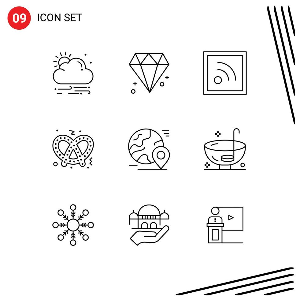 Pictogram Set of 9 Simple Outlines of dinner world rss pin globe Editable Vector Design Elements