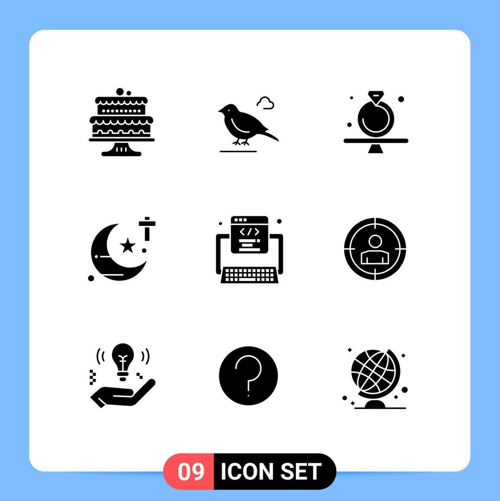 Group of 9 Modern Solid Glyphs Set for code studies present religious gavel Editable Vector Design Elements
