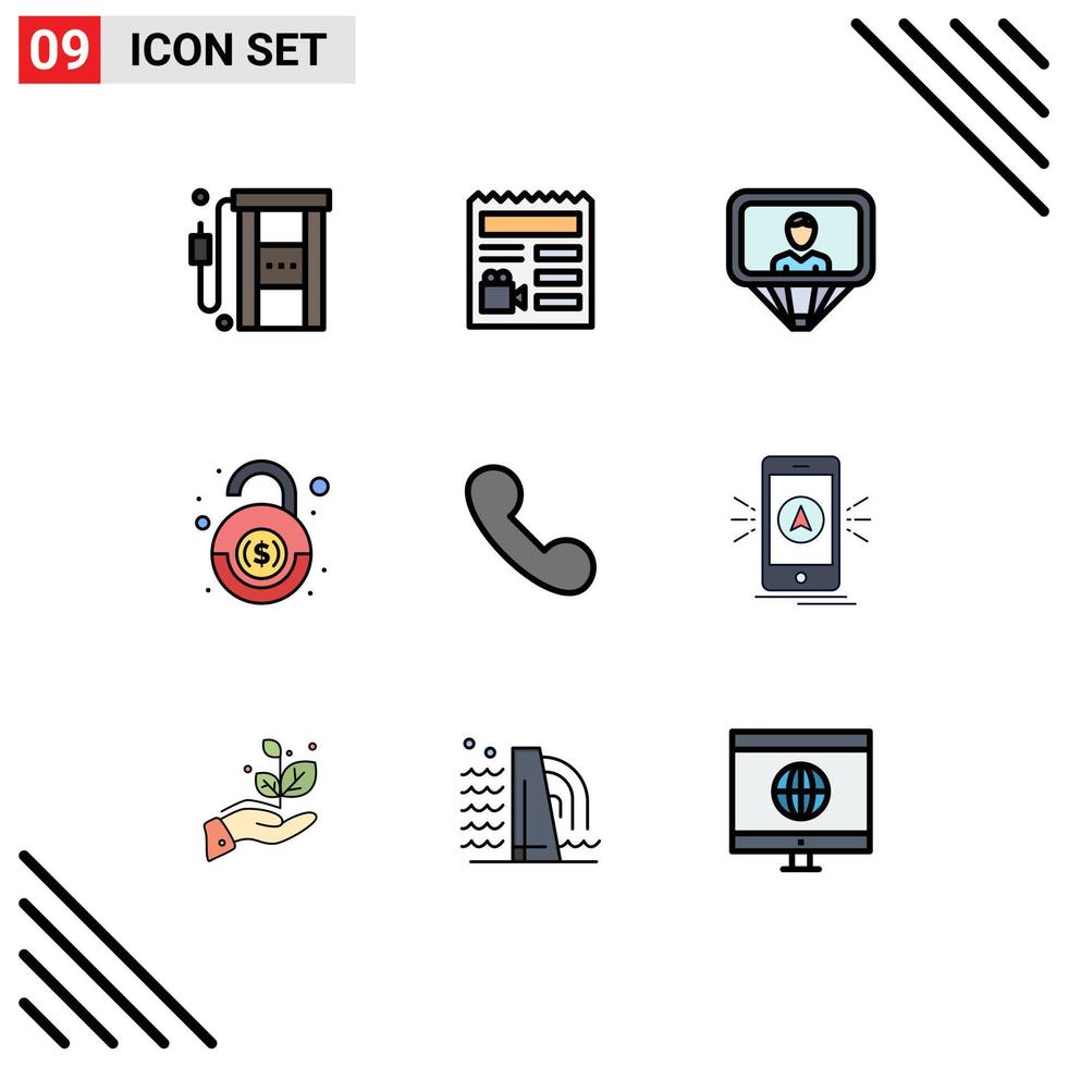 Group of 9 Modern Filledline Flat Colors Set for call robbery camera financial login Editable Vector Design Elements