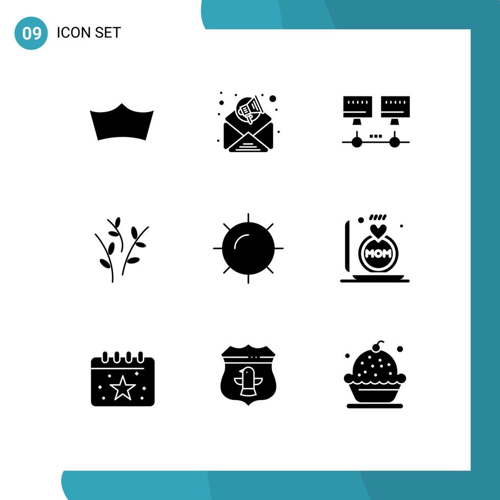 Pack of 9 Modern Solid Glyphs Signs and Symbols for Web Print Media such as ring sun network nature easter Editable Vector Design Elements
