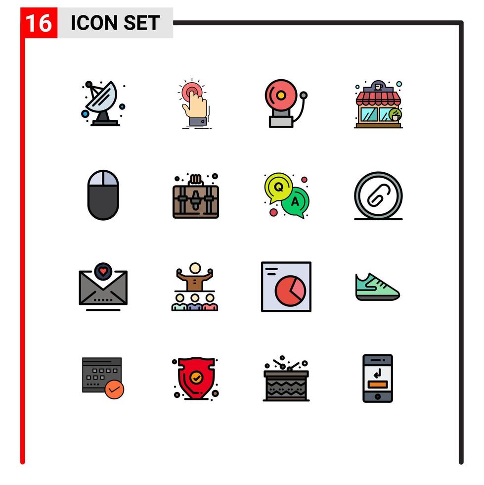 16 líneas llenas de color plano universal signos símbolos de hardware de alarma de mouse de bolsa cafetería elementos de diseño de vectores creativos editables