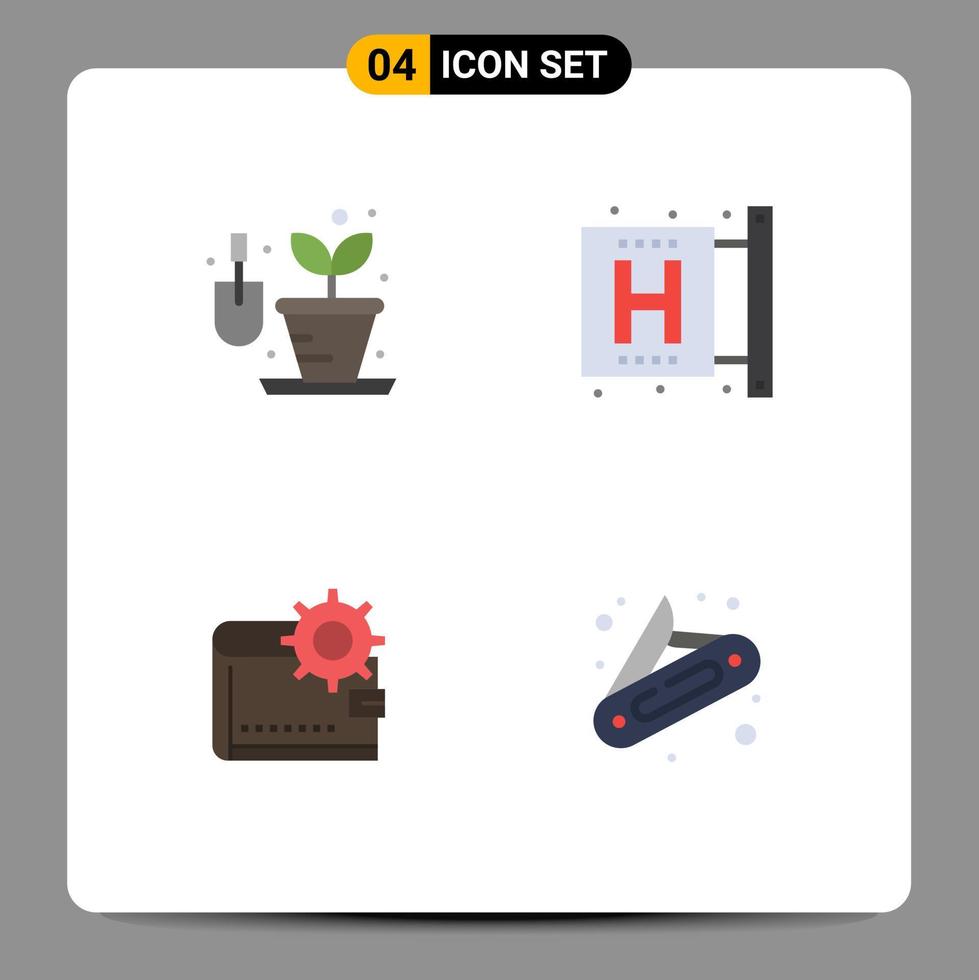 conjunto moderno de 4 iconos y símbolos planos, como el centro de efectivo de jardinería, forman elementos de diseño de vectores editables de dinero