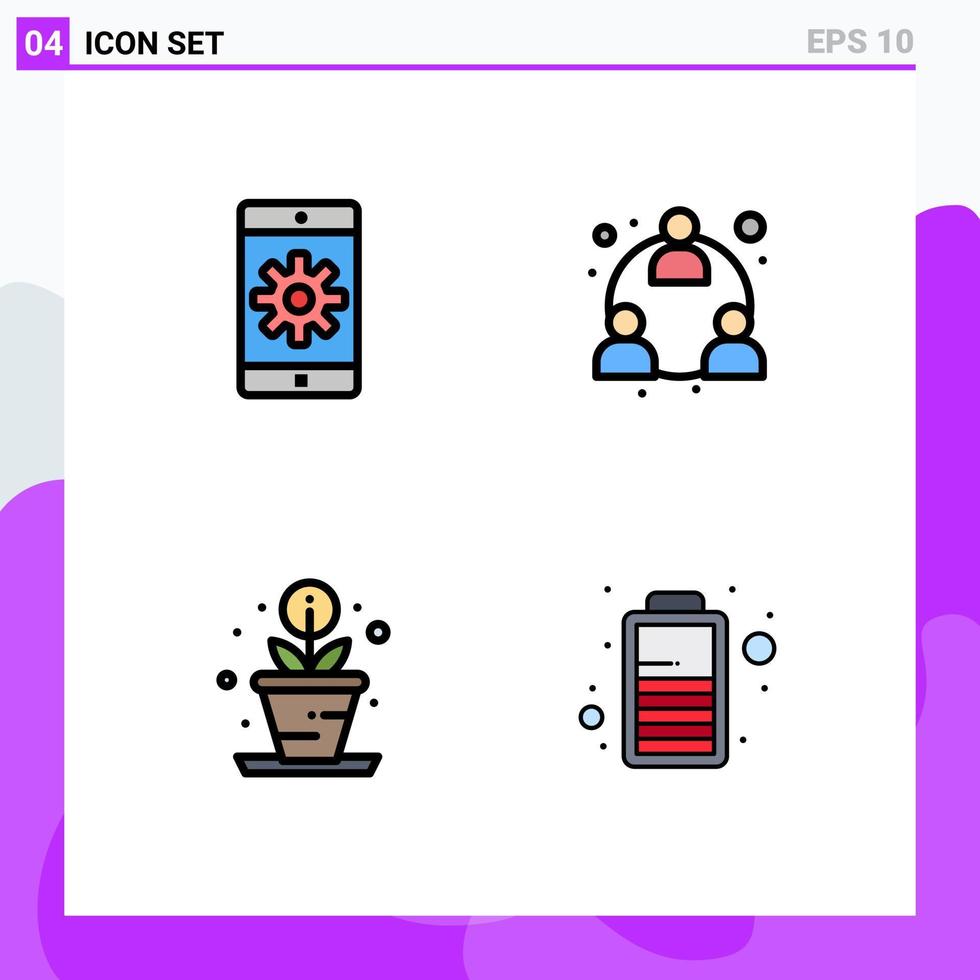 Mobile Interface Filledline Flat Color Set of 4 Pictograms of application process setting mlm battery Editable Vector Design Elements