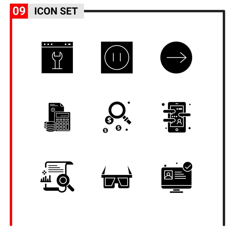 Group of 9 Modern Solid Glyphs Set for calculator debt technology business investment Editable Vector Design Elements