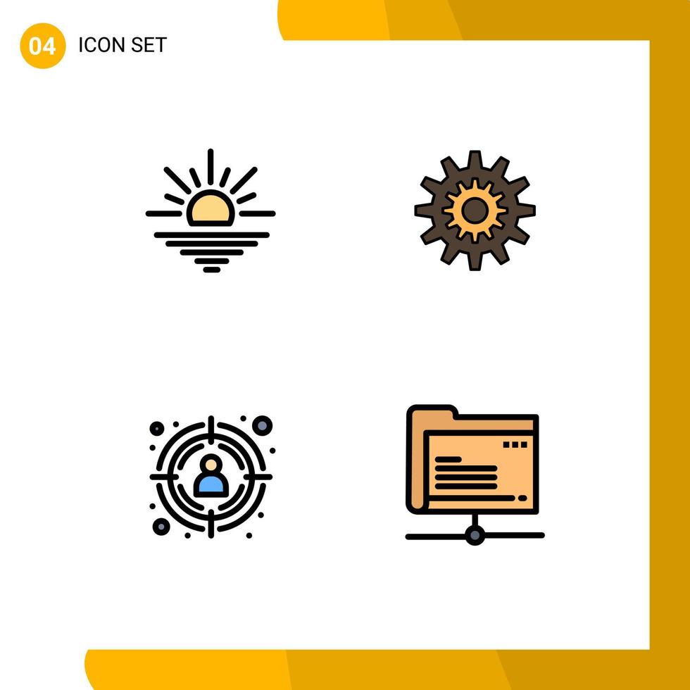 paquete de 4 signos y símbolos de colores planos de línea de relleno modernos para medios de impresión web, como elementos de diseño de vectores editables seo de engranaje abierto de rueda solar