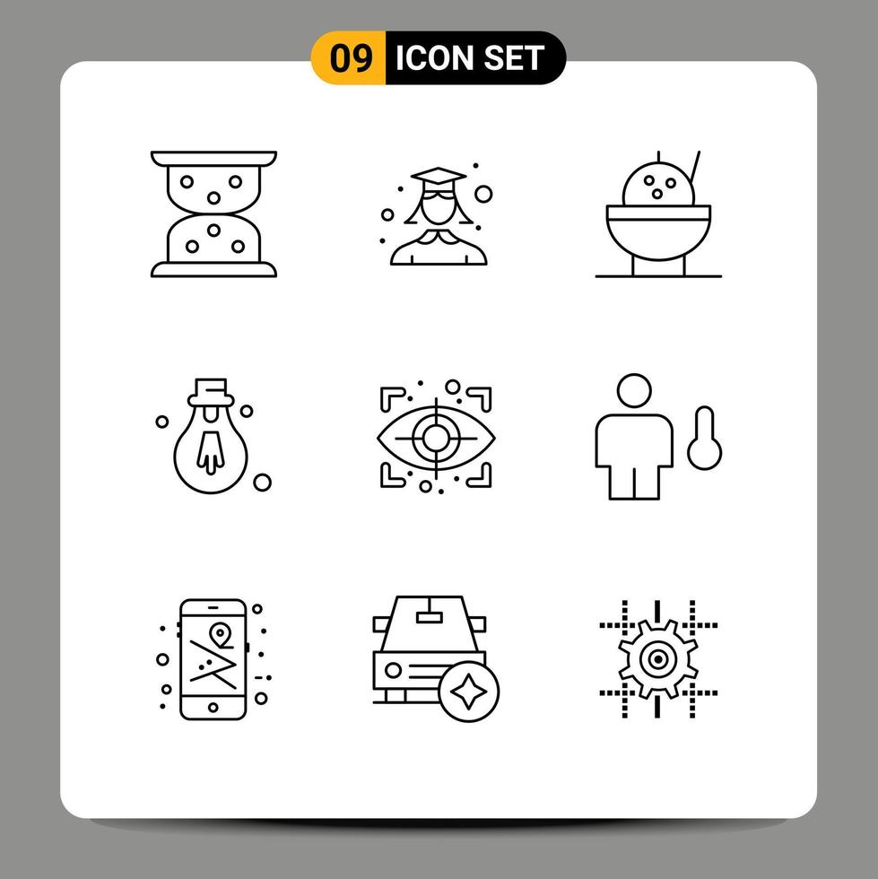 9 Universal Outlines Set for Web and Mobile Applications degrees avatar rice security eye Editable Vector Design Elements