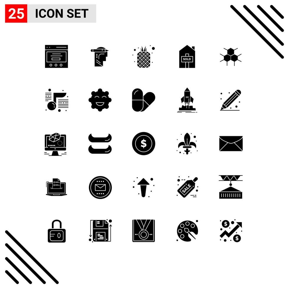 Editable Vector Line Pack of 25 Simple Solid Glyphs of structure sold food property pineapple Editable Vector Design Elements