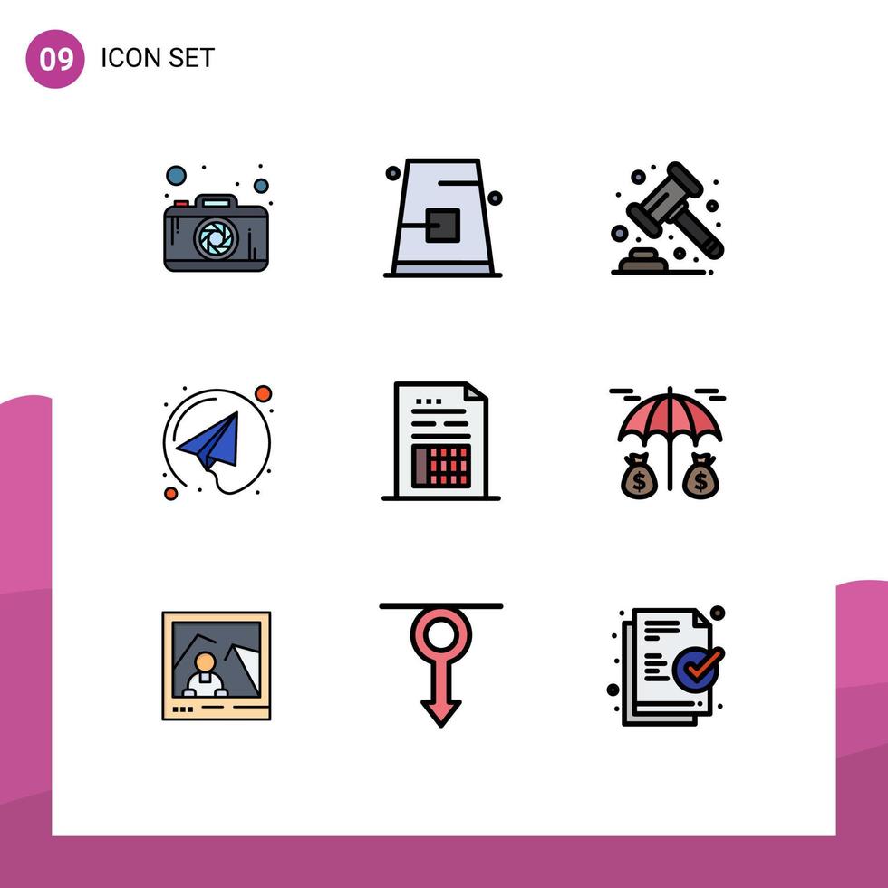 User Interface Pack of 9 Basic Filledline Flat Colors of document account auction send email Editable Vector Design Elements