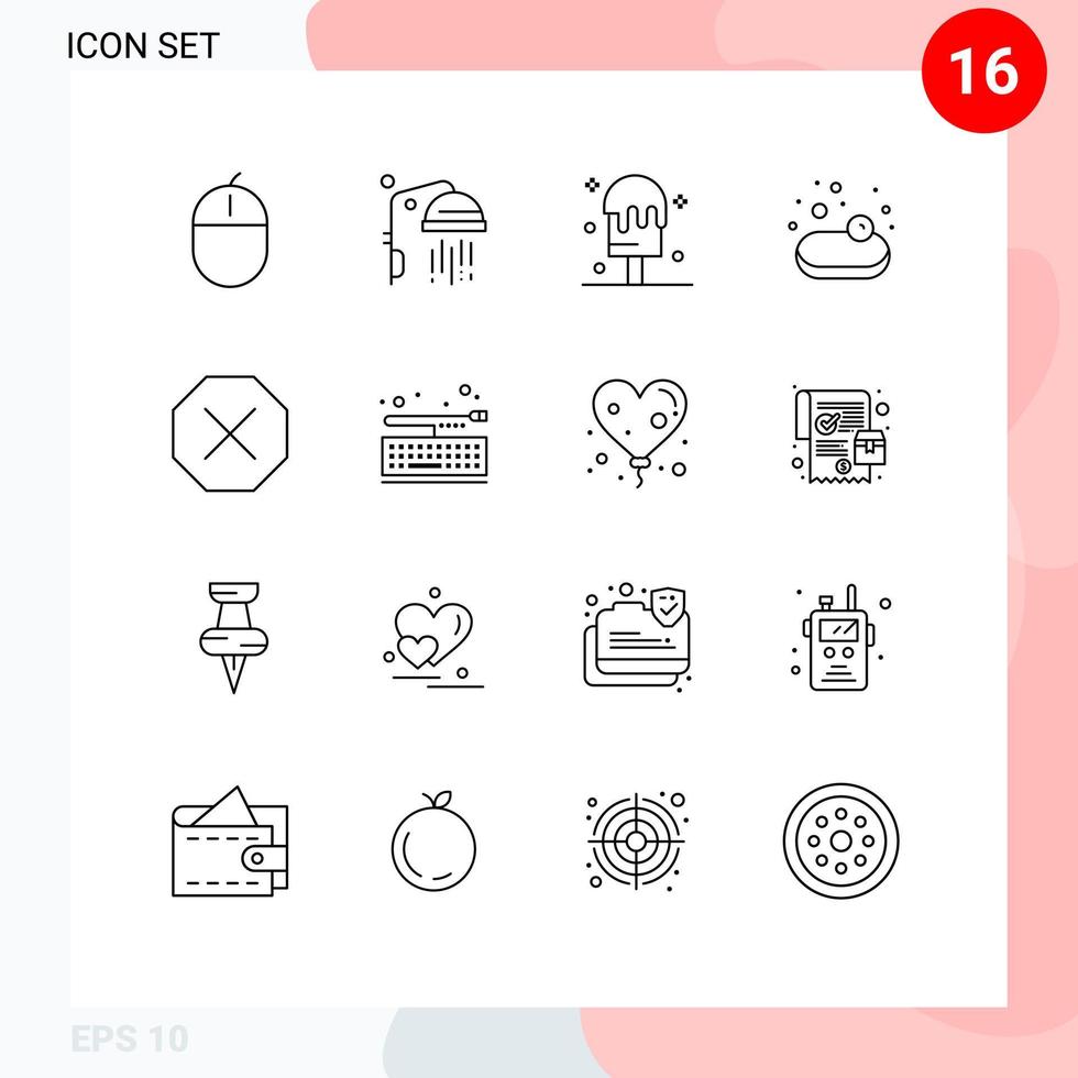 Pack of 16 Modern Outlines Signs and Symbols for Web Print Media such as board delete cream ban shopping Editable Vector Design Elements