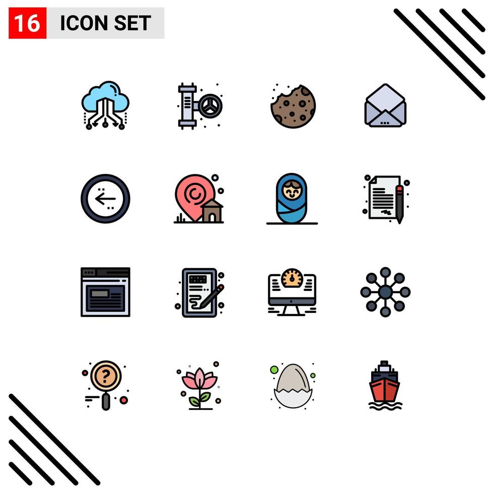 Pack of 16 Modern Flat Color Filled Lines Signs and Symbols for Web Print Media such as back open system mail food Editable Creative Vector Design Elements