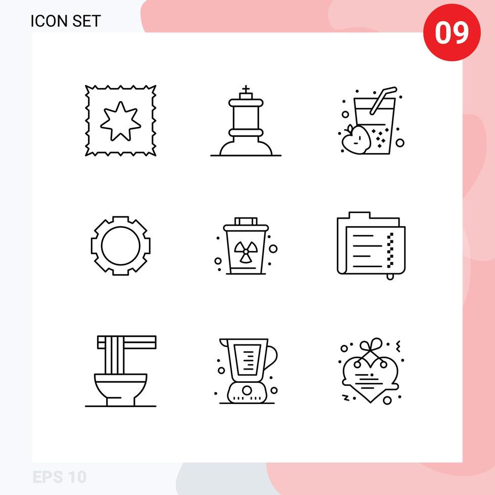 Pack of 9 Modern Outlines Signs and Symbols for Web Print Media such as data trash juice pollution environment Editable Vector Design Elements