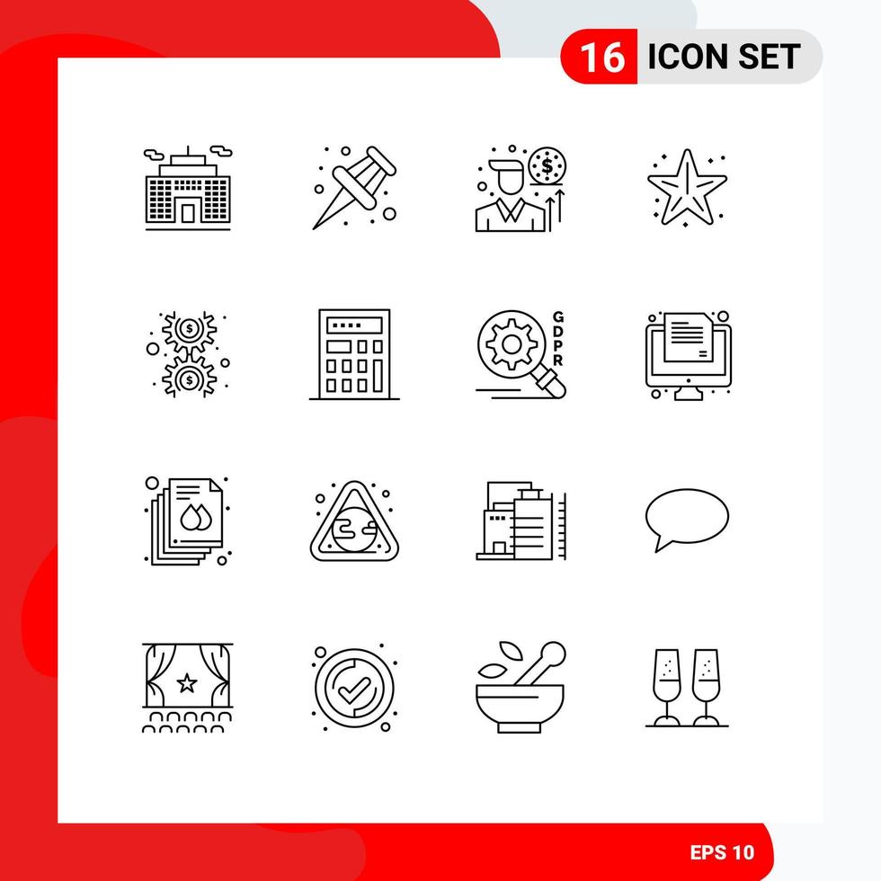 Modern Set of 16 Outlines and symbols such as cog gear investor dollar star Editable Vector Design Elements